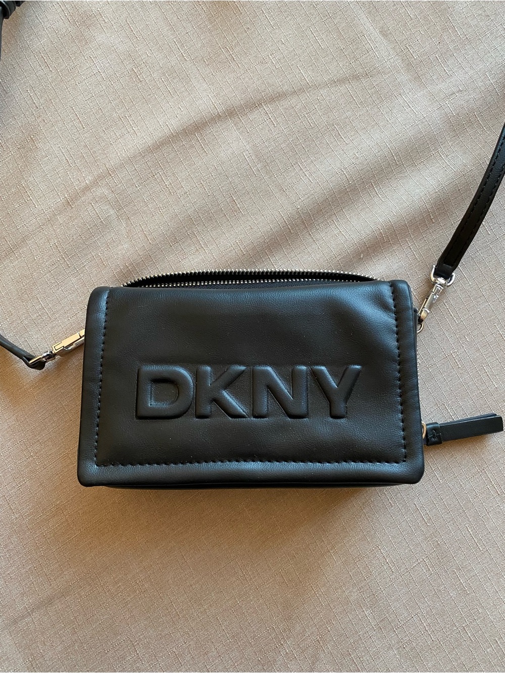 DKNY Black Embossed Leather Crossbody Wallet with Detachable Strap